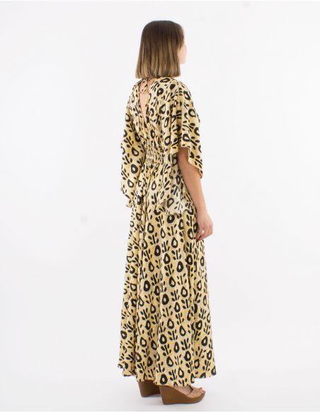 Vestido largo poliester mangas cortas tulipan estampado batik