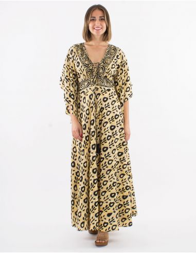 Vestido largo poliester mangas cortas tulipan estampado batik