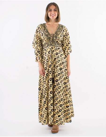 Vestido largo poliester mangas cortas tulipan estampado batik