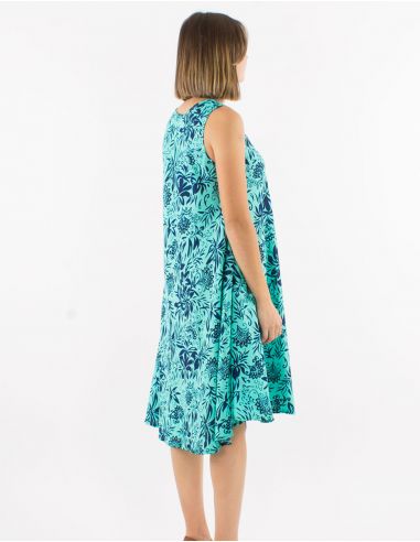 Vestido corto poliester cuello v estampado palma