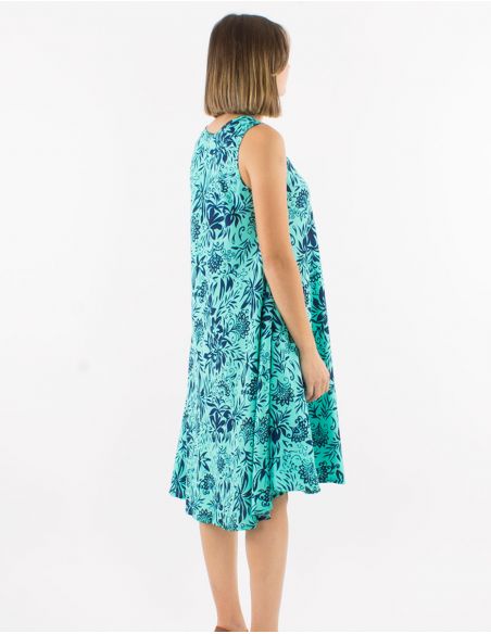 Vestido corto poliester cuello v estampado palma