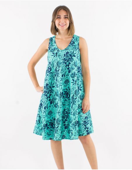 Vestido corto poliester cuello v estampado palma