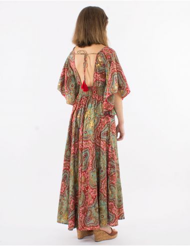 Vestido largo poliester mangas cortas papillons estampado magic dorado