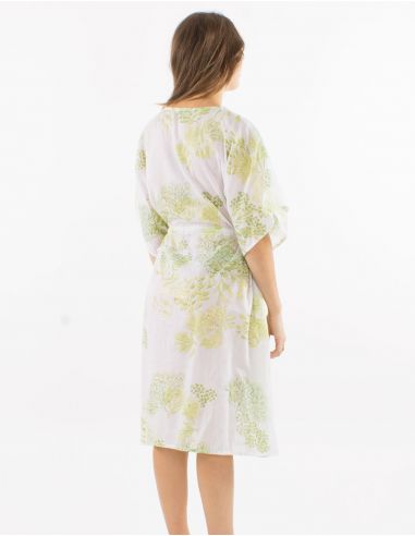 Vestido velo de algodon estampado coral con hojas doradas