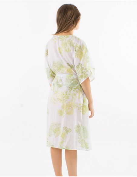 Vestido velo de algodon estampado coral con hojas doradas