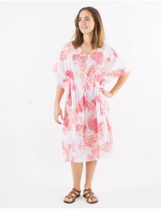 Vestido velo de algodon estampado coral con hojas doradas 2