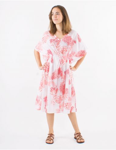 Vestido velo de algodon estampado coral con hojas doradas