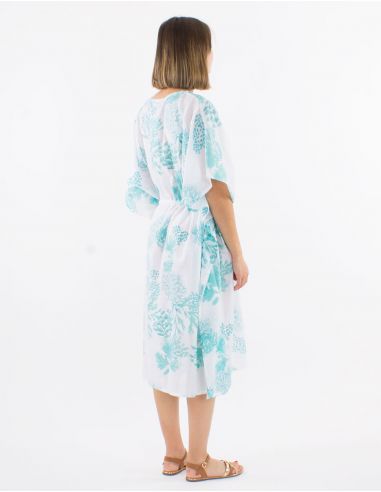 Vestido velo de algodon estampado coral con hojas doradas