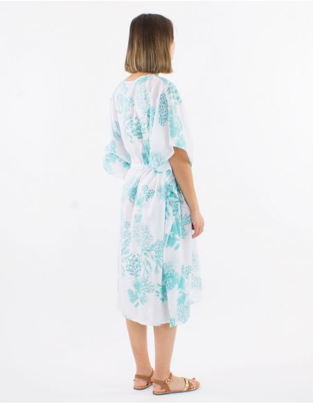 Vestido velo de algodon estampado coral con hojas doradas