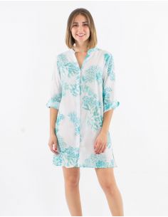 Vestido velo de algodon con botones mangas 3/4 estampado coral con hojas doradas 2