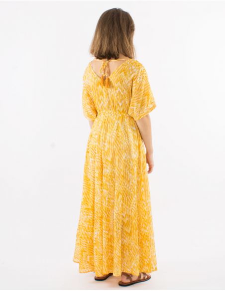 Vestido largo velo de algodon doblado mangas cortas estampado ibiza con hojas doradas