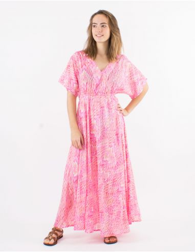 Vestido largo velo de algodon doblado mangas cortas estampado ibiza con hojas doradas