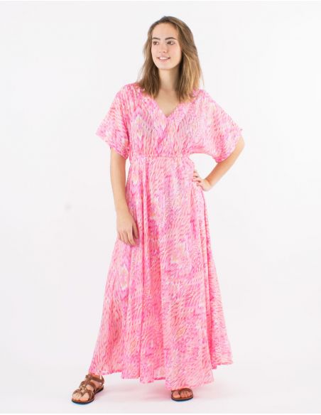 Vestido largo velo de algodon doblado mangas cortas estampado ibiza con hojas doradas