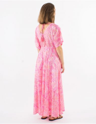 Vestido largo velo de algodon doblado mangas cortas estampado ibiza con hojas doradas