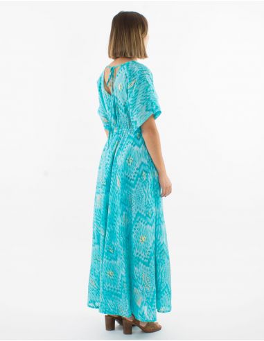 Vestido largo velo de algodon doblado mangas cortas estampado ibiza con hojas doradas