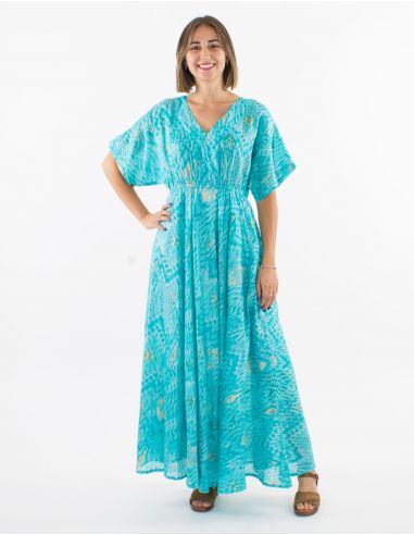 Vestido largo velo de algodon doblado mangas cortas estampado ibiza con hojas doradas