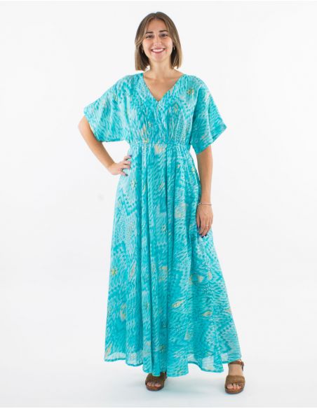 Vestido largo velo de algodon doblado mangas cortas estampado ibiza con hojas doradas