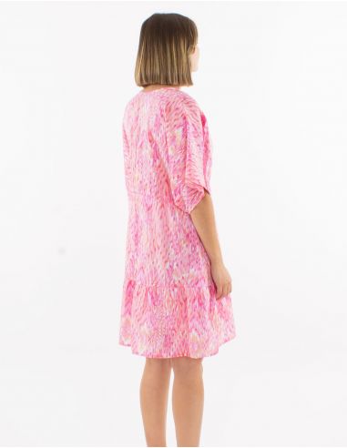 Vestido corto velo de algodon estampado ibiza con hojas doradas