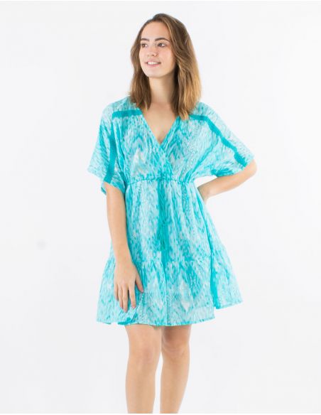 Vestido corto velo de algodon estampado ibiza con hojas doradas