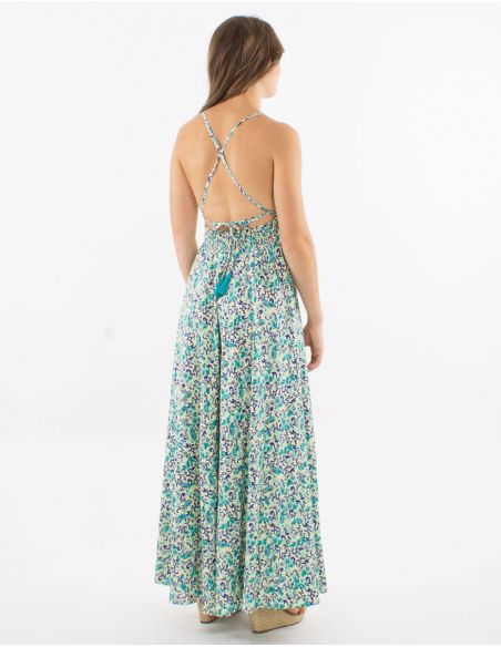 Vestido largo poliester espalda descubierta estampado