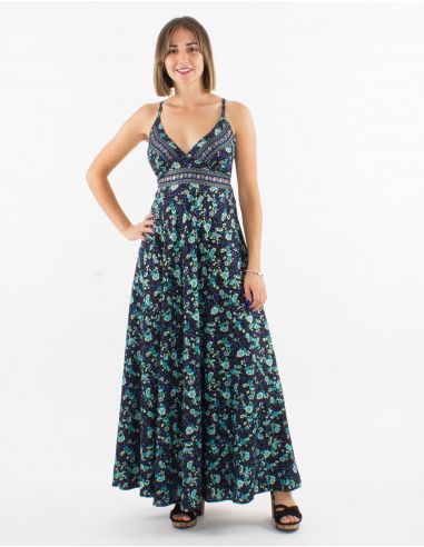 Vestido largo poliester espalda descubierta estampado