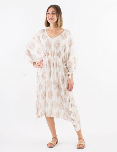 Vestido kaftan 95% viscosa crepe 5% hilos metalizados pompones