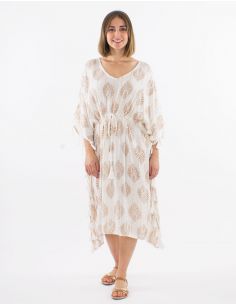 Vestido kaftan 95% viscosa crepe 5% hilos metalizados pompones 2