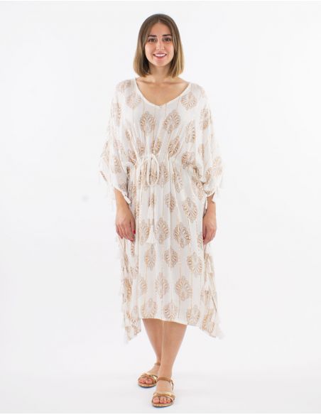 Vestido kaftan 95% viscosa crepe 5% hilos metalizados pompones