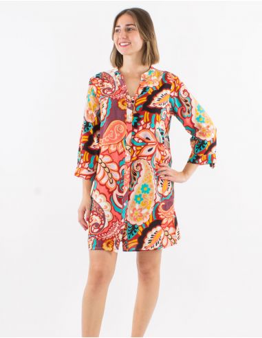 Tunica viscosa con botones mangas largas remangables estampado antalya