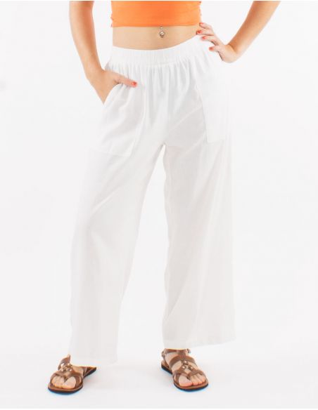 Pantalon ancho 54% lino 46% viscosa con bolsillos