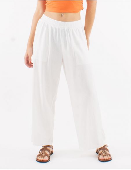 Pantalon ancho 54% lino 46% viscosa con bolsillos