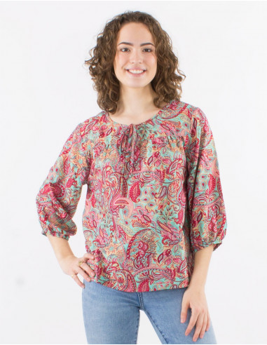 Blusa poliester mangas 3/4 estampado road dorado