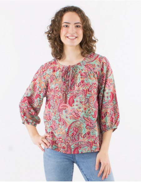 Blusa poliester mangas 3/4 estampado road dorado