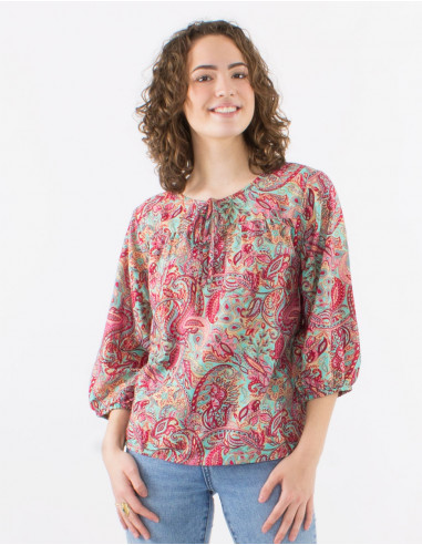 Blusa poliester mangas 3/4 estampado road dorado