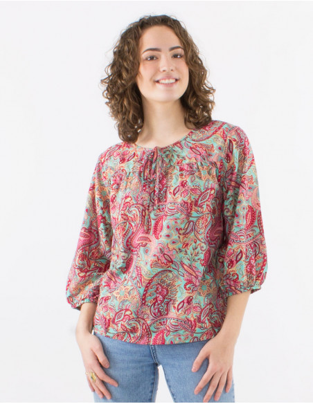 Blusa poliester mangas 3/4 estampado road dorado
