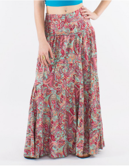 Falda larga poliester con volantes estampado road dorado