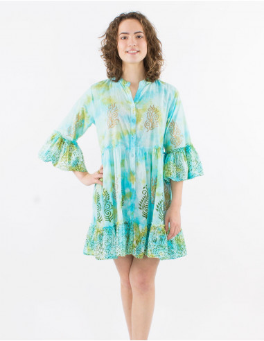 Vestido algodon tie and dye con sello dorado mangas largas tulipan