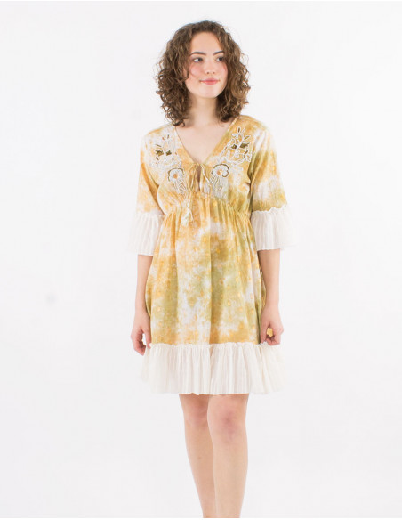 Vestido corto algodon tie and dye con perlas y fibras melaticas