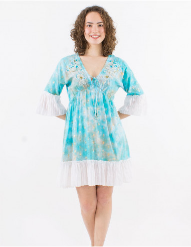 Vestido corto algodon tie and dye con perlas y...