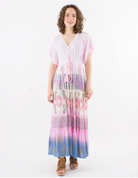 Vestido largo viscosa tie and dye mangas cortas cuello v