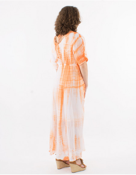 Vestido largo velo de algodon tie and dye doblado con perlas mangas cortas