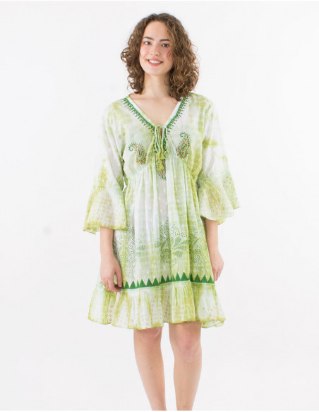 Vestido algodon tie and dye doblado con perlas mangas largas