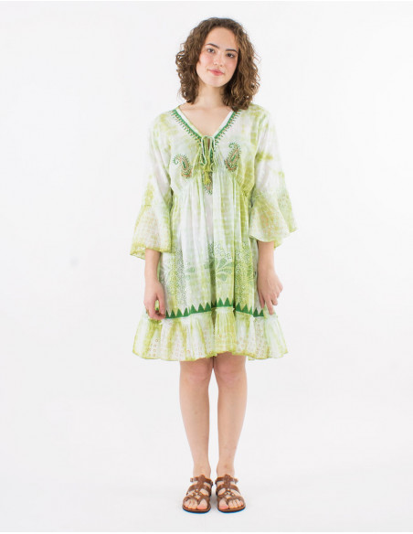 Vestido algodon tie and dye doblado con perlas mangas largas