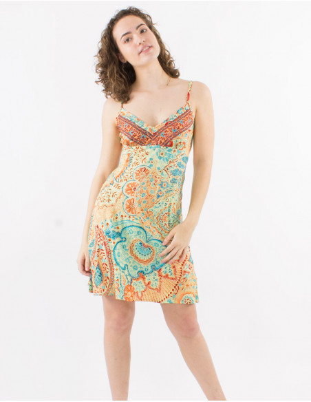 Vestido corto poliester tirantes sari estampado zaari bordado con hilo plateado