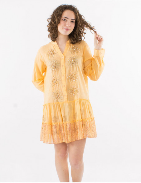 Tunica velo de algodon con botones con sello y perlas mangas rectas