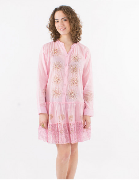 Tunica velo de algodon con botones con sello y perlas mangas rectas