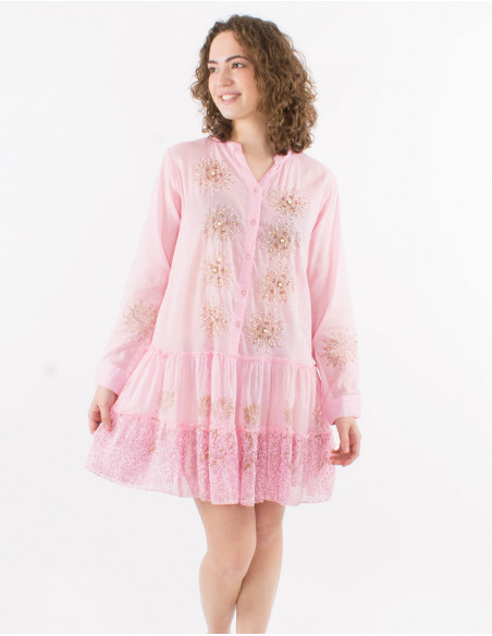 Tunica velo de algodon con botones con sello y perlas mangas rectas