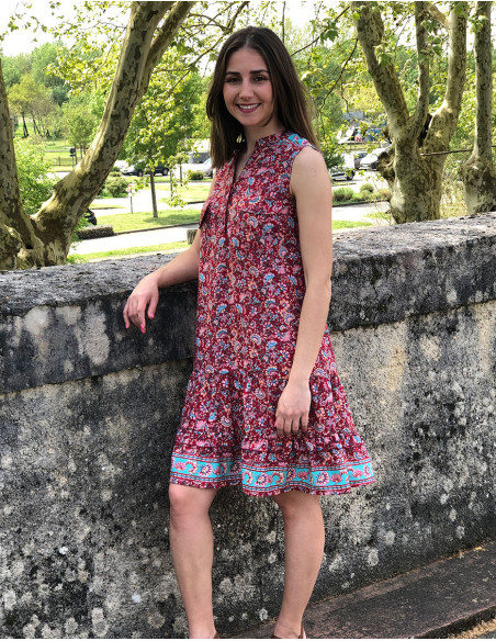 Vestido poliester bolsillos pecho sin mangas estampado floral