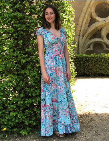 Vestido largo poliester talla elastica sari estampado bordado con hilo plateado