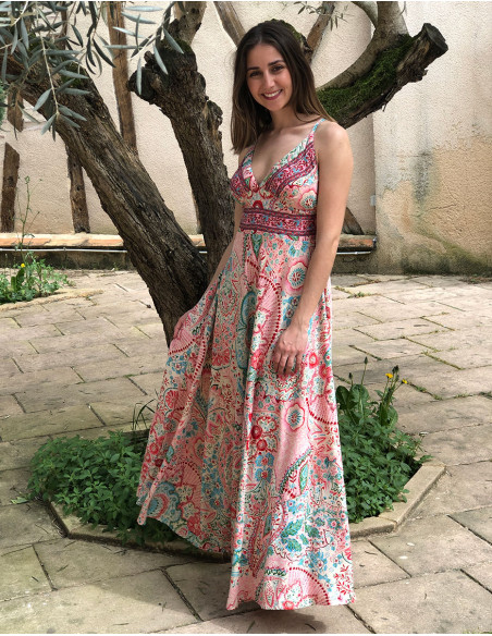 Vestido largo poliester espalda descubierta sari estampado zaari bordado con hilo plateado